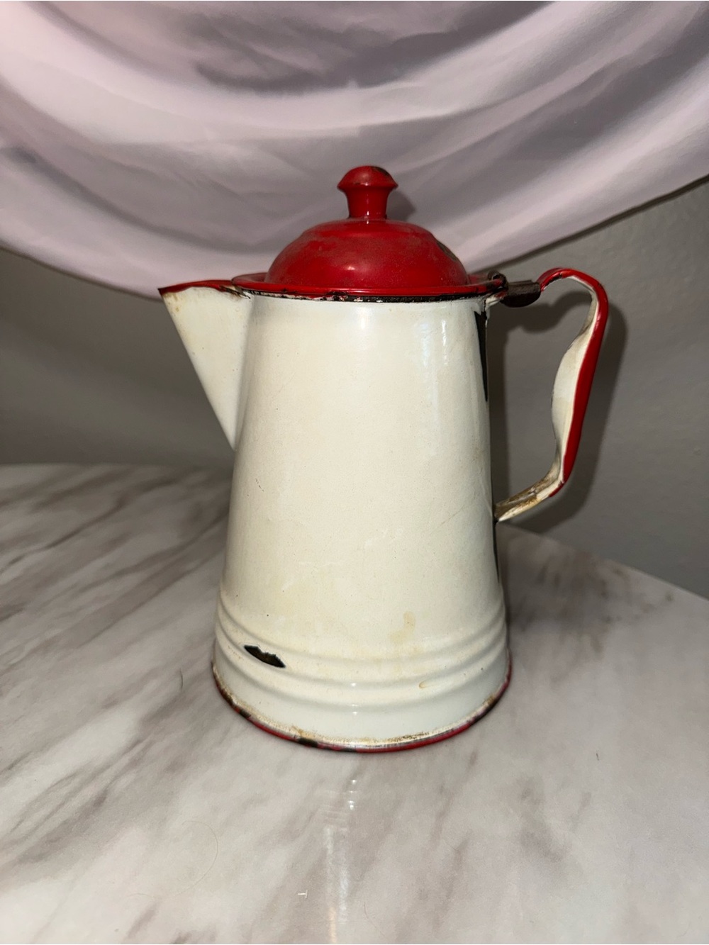Farmhouse Vintage enamelware coffee pot with lid spout white red enamel metal